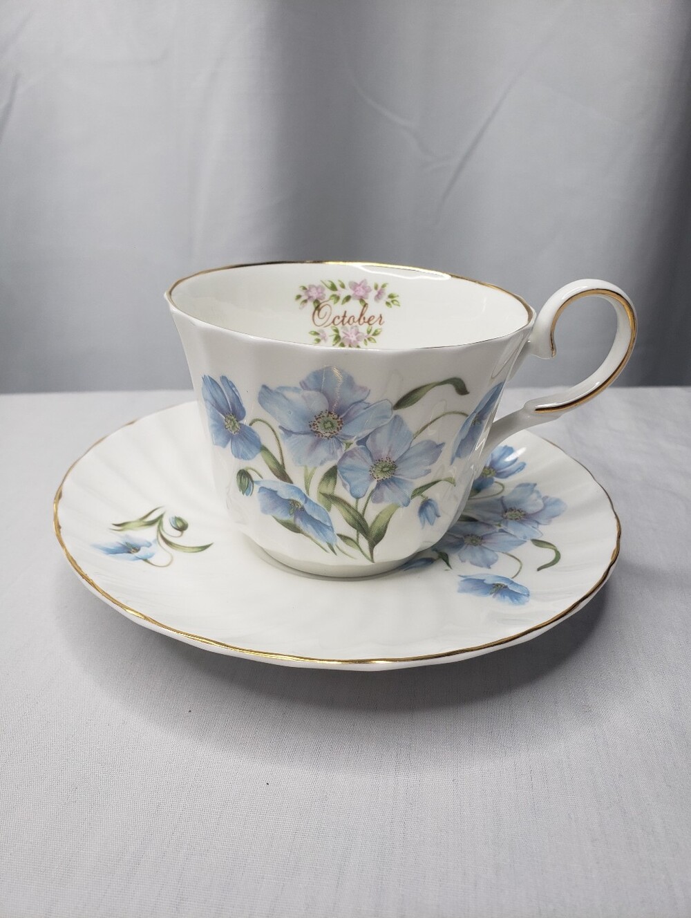 Vintage Staffordshire Bone China October Tea Cup Set Blue Bell Flowers